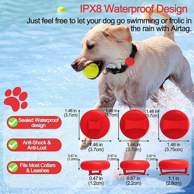 IPX8 Waterproof AirTag Dog Collar Holder, Hidden Air Tag Case for Cat Collar, Anti-Lost Silicone Cover for AirTag GPS Tracker Compatible with Pets Loop, Fits All Width Collars(Red S)