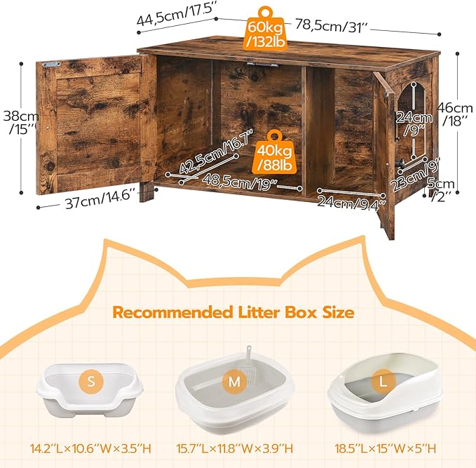 HOOBRO Litter Box Enclosure, Cat Litter Box Furniture with Removable Divider, Large Hidden Litter Box Furniture, Wooden Cat House, End Side Table, 31" L x 17.5" W x 18" H Rustic Brown BF03MW01G1