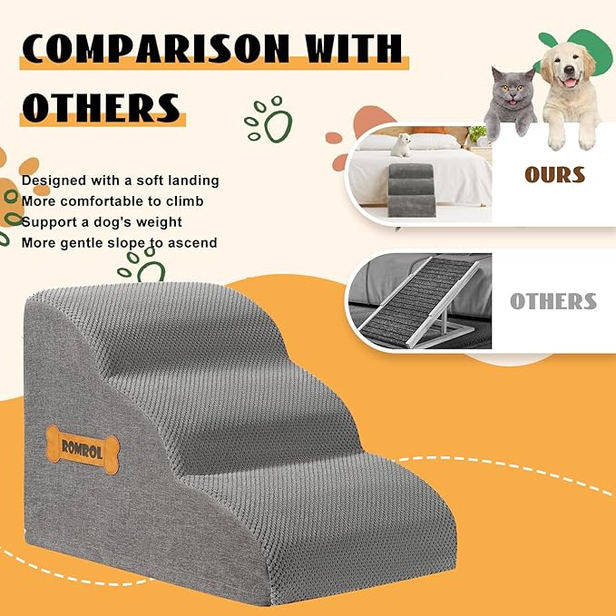 Dog Stairs Ramp for Bed, 15.7”H 3 Step Extra Wide High Density Memory Foam Pet Steps for Small Dogs puppy Cats, with Durable Non-Slip Waterproof Fabric Cover, Dog Slope Stairs Steps, Grey