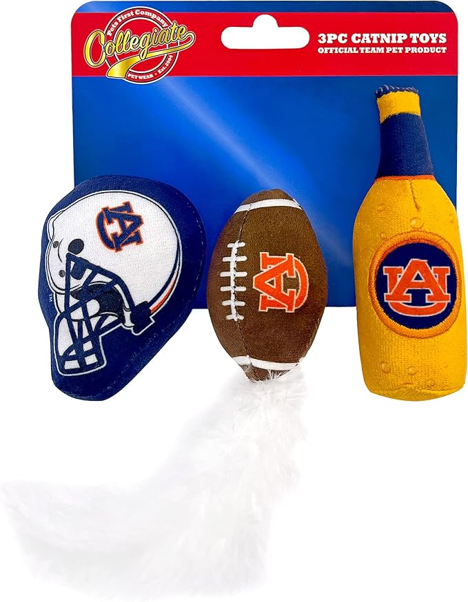 BEST PLUSH CAT TOY - NCAA AUBURN TIGERS Complete Set of 3 piece Cat Toys filled with Fresh Catnip. Includes: 1 Helmet Cat Toy, 1 Football Cat Toy with Feathers & 1 Beer Bottle. Beautiful Team LOGOS