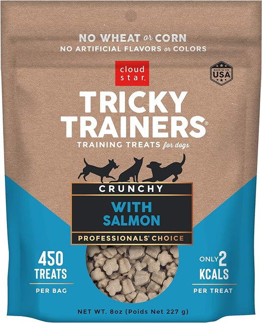 Cloud Star Tricky Trainers Crunchy Dog Training Treats 8 oz Pouch, Salmon Flavor, Low Calorie Behavior Aid with 450 treats