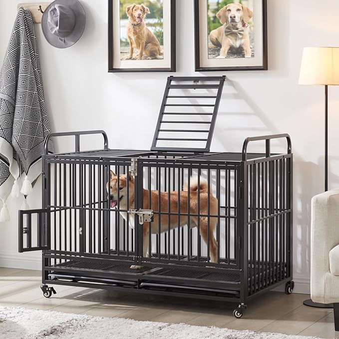 Lauren&Harold Large Dog Crate Furniture for Large Medium Dogs, 48 Inch Heavy Duty Dog Kennel Indoor with Wheels&Removable Tray, Dog Crates Cage House with Top Door&Feed Door