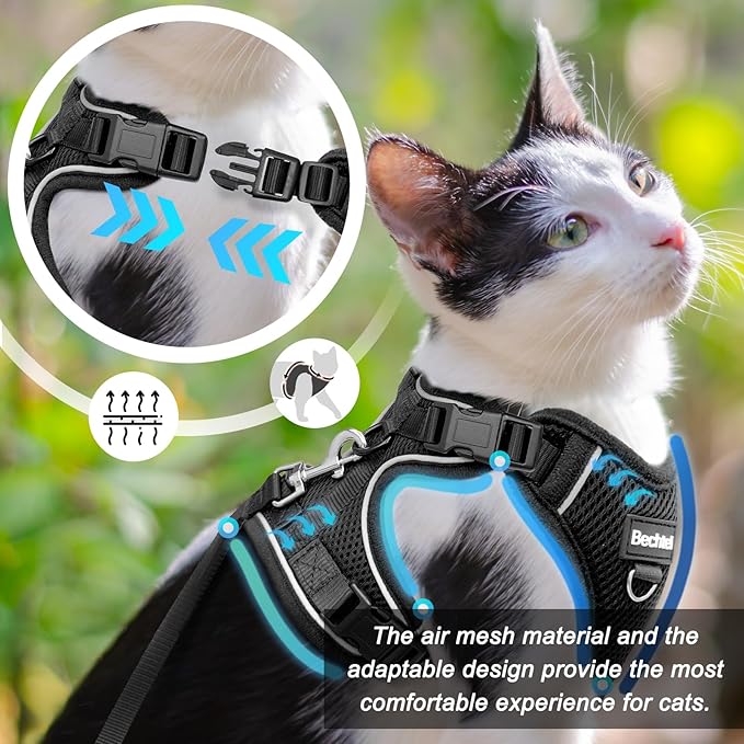 Cat Car Harness and Leash for Walking, The Upgrade Can be Adjusted in Four Directions and Breathable Cat Harness for Anti Escape that can be Fitted and Positioned, Reflective Strips Harness, Black, XS