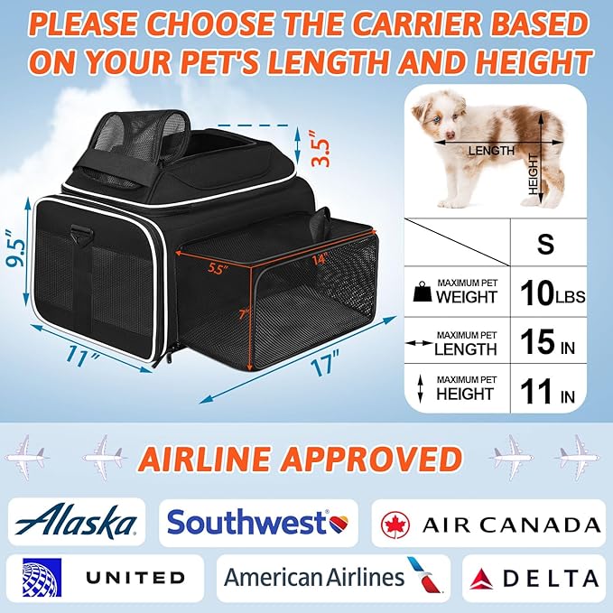 Top and Side Expandable Pet Carrier 17x11x9.5 Inches Alaska Airline Approved, Soft-Sided Carrier for Small Cats and Dogs with Locking Safety Zippers and Anti-Scratch Mesh(Black)