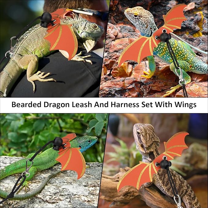 Bearded Dragon Carriers and Leather Leash with Wings,Bearded Dragon Leash Lizard Adjustable Harness,Small Pet Backpack Batwing Accessories for Outdoor Travel-Red