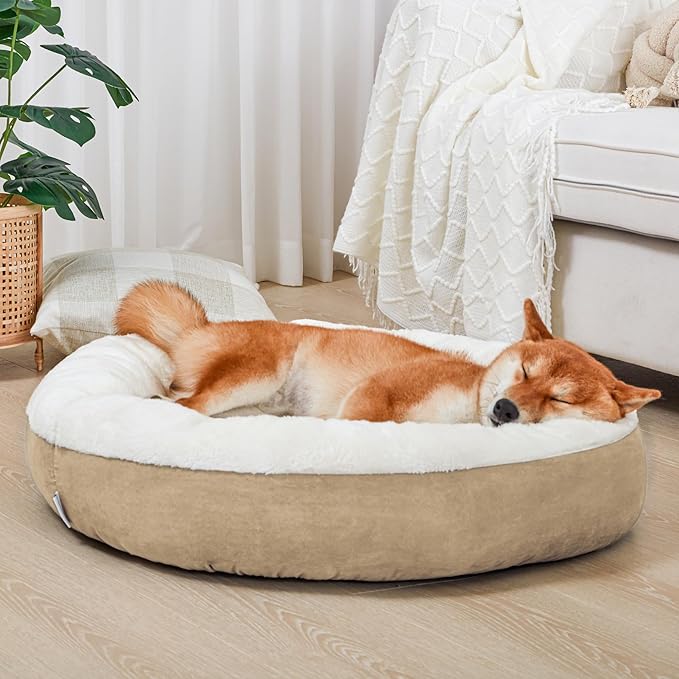 Love's cabin Round Donut Cat and Dog Cushion Bed, 30in Pet Bed for Medium or Large Dogs, Anti-Slip & Water-Resistant Bottom, Soft Durable Fabric Pet beds, Washable Calming Cat & Dog Bed Camel