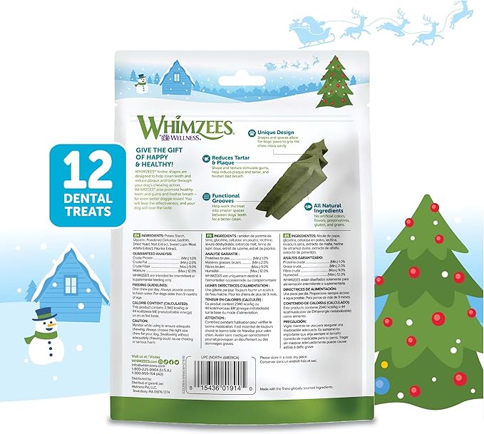 Whimzees by Wellness Holiday Natural Dental Chews for Dogs, Long Lasting Treats, Grain-Free, Freshens Breath, Small Breed, 12 Count