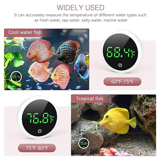 Digital Aquarium Thermometer, Stick-on Fish Tank Thermometer, Wireless Temperature Sensor with Touch Screen, ±0.1℉ High Precision, Battery, for Fish, Axolotl, Turtle, 2 Pack