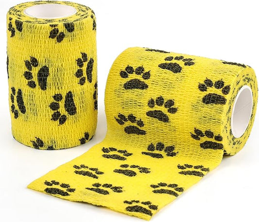 AUPCON Vet Wrap Cohesive Bandages Bulk Self Adhesive Bandage Wrap Self Adherent Wrap Non-Woven for Dogs Pet Animals & Ankle Sprains & Swelling 4 Inch x 5 Yards (2 Pack Yellow Paws)