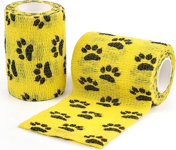 AUPCON Vet Wrap Cohesive Bandages Bulk Self Adhesive Bandage Wrap Self Adherent Wrap Non-Woven for Dogs Pet Animals & Ankle Sprains & Swelling 2 Inch x 5 Yards (2 Pack Yellow Paws)
