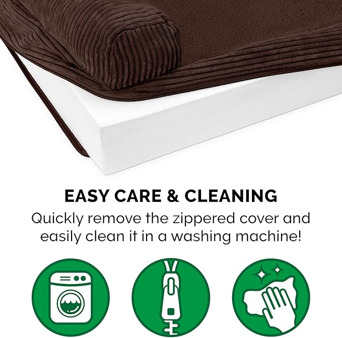 Furhaven Orthopedic Dog Bed for Large Dogs w/ Removable Bolster & Washable Cover, For Dogs Up to 125 lbs - Fleece & Corduroy Bolster Chaise - Dark Espresso, Jumbo Plus/XXL