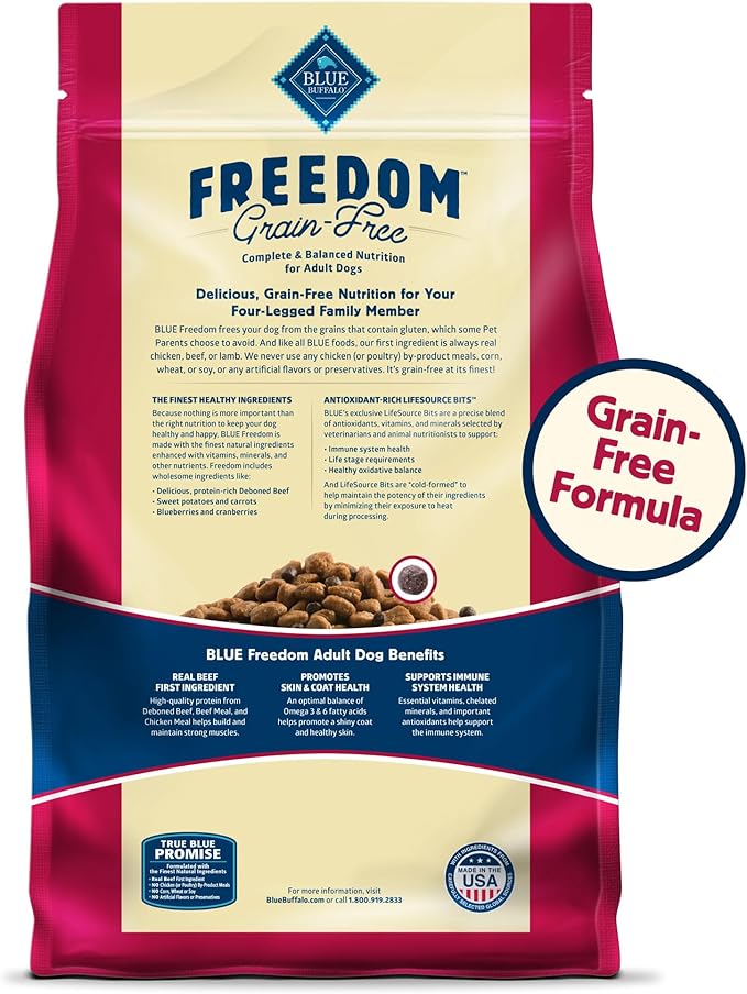 Blue Buffalo Freedom Grain-Free Dry Dog Food, Complete & Balanced Nutrition for Adult Dogs, Made in the USA With Natural Ingredients, Beef & Potatoes, 11-lb. Bag