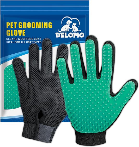 Pet Hair Remover Gloves, Enhance Pet Grooming Glove with 255 Tips, Deshedding Glove for Dog and Cat, 1 Pair Left & Right Gentle De-Shedding Glove Brush, Green