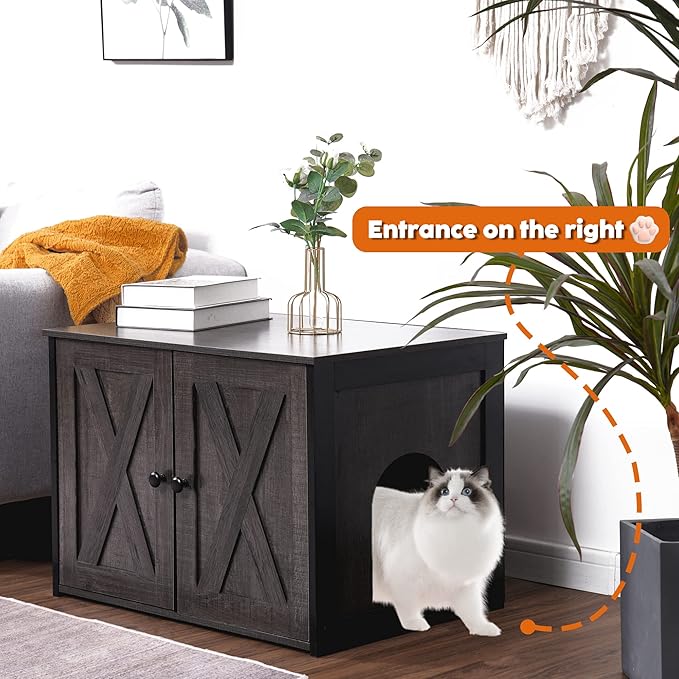 Dwanton Litter Box Enclosure, Cat Litter Box Furniture Hidden, Reversible Entrance Can Be on Left or Right Side, Wooden Cat Washroom Indoor, Fit Most of Litter Box, Dark Gray