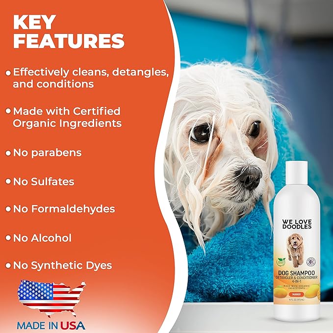 USDA Organic Dog Shampoo, Conditioner & Detangler - Best Shampoo for Goldendoodles, Poodles & Doodles - Pet Shampoo For Matted Hair - Sensitive Skin Shampoo for Puppies - Made In The USA, 16OZ (Mango)