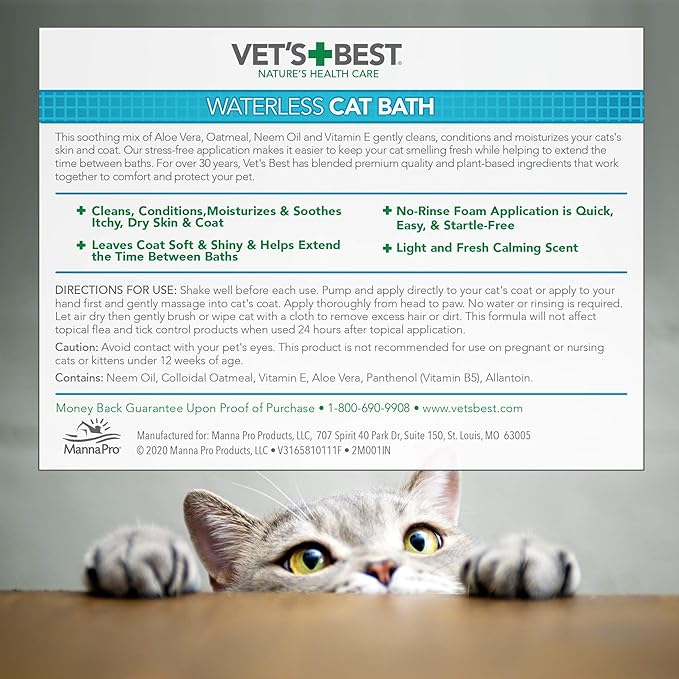 Vet's Best Waterless Cat Bath | No Rinse Waterless Dry Shampoo for Cats | Veterinarian Formulated | 4 Ounces,Green