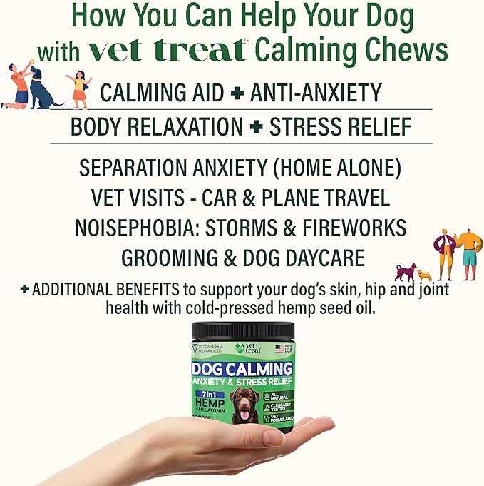 Hemp Calming Chews for Dogs - Dog Anxiety Relief -Made in USA- Hemp Oil + Melatonin Treats - Separation Anxiety, Barking, Travel - Dog Calming Chews - 120 Soft Treats (Chicken)