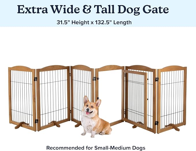Pet Gate - 6-Panel Indoor Folding Dog Fence for Stairs or Doorways - 133x32-Inch Freestanding Play Pen with Support Feet by PETMAKER (Natural)