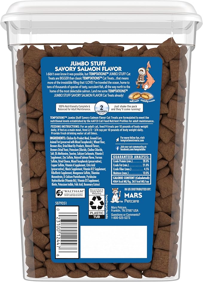 Temptations Jumbo Stuff Crunchy and Soft Cat Treats Savory Salmon Flavor, 14 oz. Tub