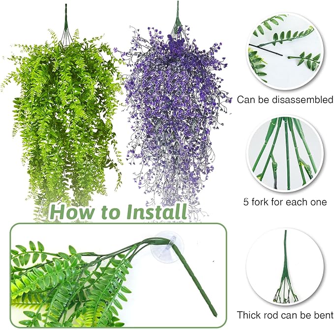 PINVNBY 2 Pack Reptile Plants Terrarium Hanging Fake Vines with Suction Cup Artificial Leaves for Bearded Dragons Lizards Geckos Snake Hermit Crab (Purple and Green)