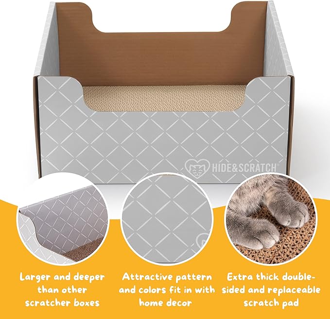 Hide & Scratch Extra-Large Heavy Duty Cardboard Cat Scratcher Box and Cat Bed with Refillable Scratch Pad