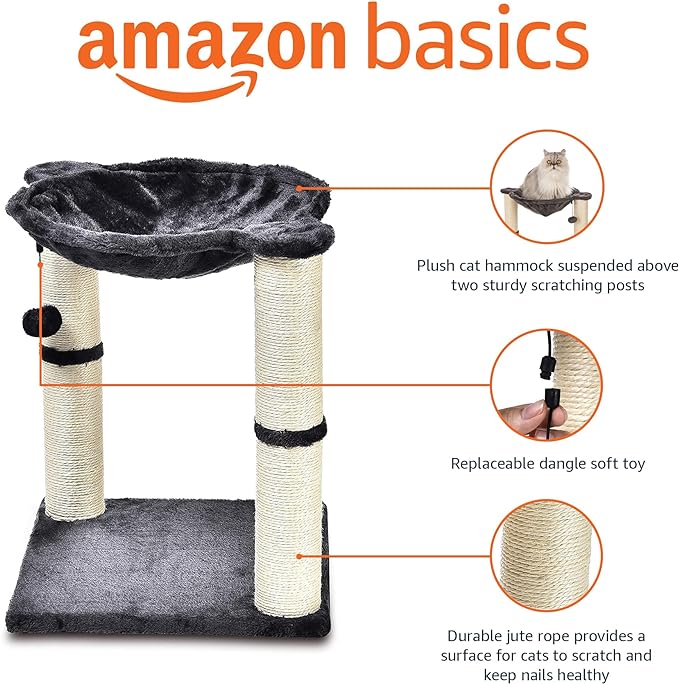 Amazon Basics Cat Tower with Hammock and Scratching Posts for Indoor Cats, 15.8 x 15.8 x 19.7 Inches, Gray