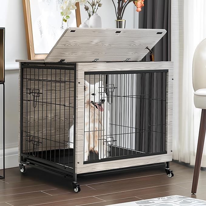 NicBex Dog Crate Furniture, 38.3" L Dog Crates for Large Dogs, Large Dog Crate with Double Doors, Wooden Dog Kennel Indoor Flip-Top for Large Dog House Pet Crate, Grey