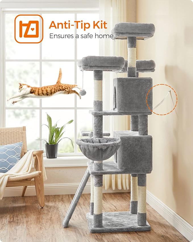 FEANDREA Cat Tree, Large Cat Tower, Cat Condo with Scratching Posts, Board, 2 Caves, 3 Plush Perches, Activity Center, 66.5 Inches, Light Gray UPCT019W01