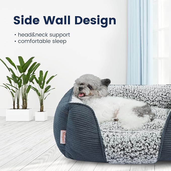 Miguel Washable Cat Beds for Indoor Cats with Removable Cushion, Easy to Wash Small Pet Sofa Bed with Side, Rectangle Bolster Kitten Bed Calming Cuddle Puppy Bed with Anti-Slip Bottom, Blue 20 Inch
