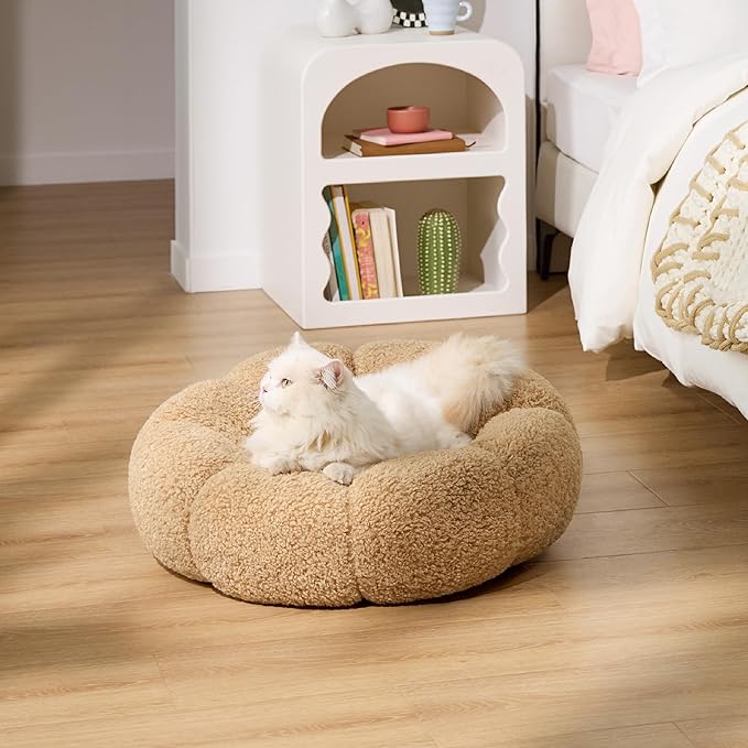 Lesure Calming Cat Beds for Indoor Cats - Cute Flower Pet Beds in Teddy Sherpa Plush, Donut Round Fluffy Puppy Bed, Non-Slip Extra Small Dog Bed Fits up to 15 lbs, Machine Washable, Camel 20"