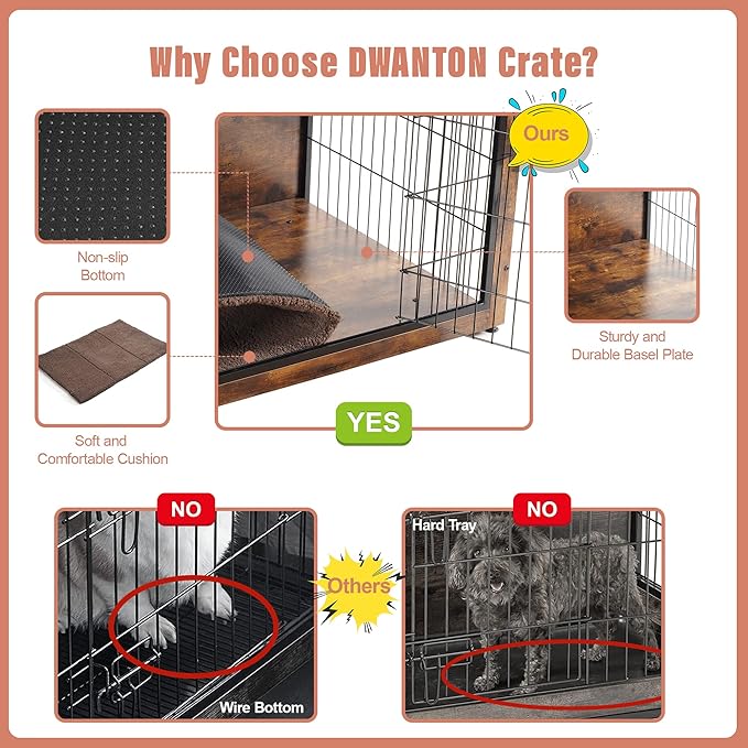 DWANTON Dog Crate Furniture with Cushion, Wooden Dog Crate Table, Double Doors Dog Furniture, Indoor Dog Kennel, Dog House, Dog Cage Medium, 32.5" L, Rustic Brown