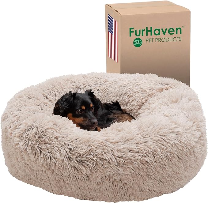 Furhaven 30" Round Calming Donut Dog Bed for Medium/Small Dogs, Refillable w/ Removable Washable Cover, For Dogs Up to 45 lbs - Shaggy Plush Long Faux Fur Donut Bed - Taupe, Medium