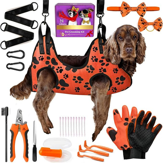 Pet Grooming Hammock for Nail Trimming - Complete Groomers Helper Set for Pet - Dog Grooming Hammock with Hook - Cat Nail Clipper - Dog Hammock for Nail Clipping (L, Orange with black paws)