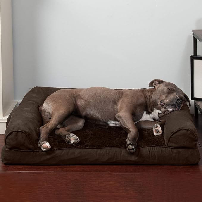 Furhaven Orthopedic Dog Bed for Large/Medium Dogs w/ Removable Bolsters & Washable Cover, For Dogs Up to 55 lbs - Plush & Suede Sofa - Espresso, Large