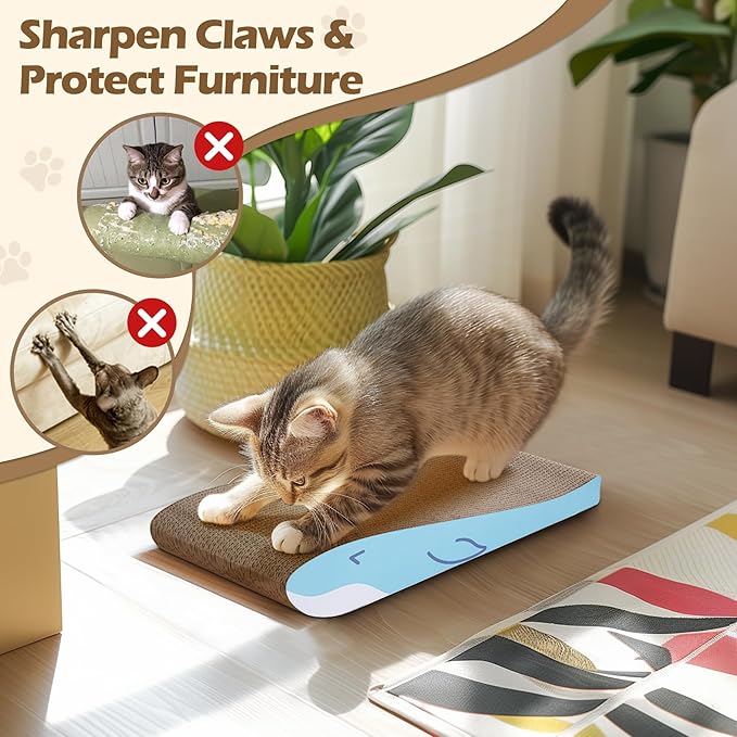 ComSaf Cat Scratching Board 2 Pack, Cat Scratcher Cardboard, Curved Cat Scratcher, Cute Cat Scratch Pad for Kitty, Recycle Cardboard Cat Scratcher, Double-Sided Pad for Long Lasting Use (Blue Whale)