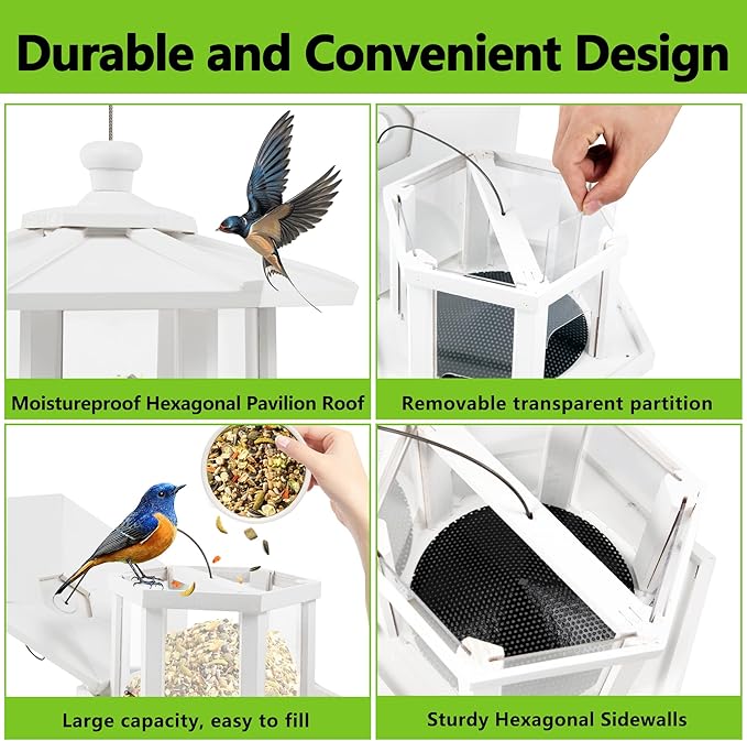 White Hexagon Shaped Wild Bird Feeder for Outside, Hollow Mesh Tray, Large Capacity, Easy to Clean & Fill， for Garden Decor Yard and Bird Watchers