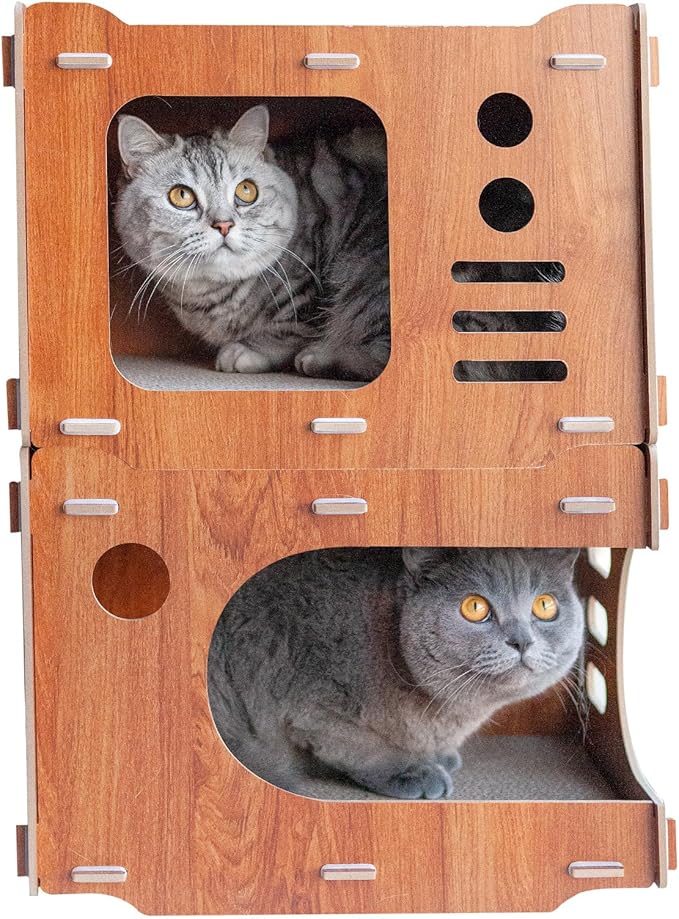 Wooden Cardboard Cat House 2 Story with 4 PCS Cat Scratch Pads Wood Cat Scratcher House Cat Scratchers Lounge Bed for Indoor Cats Cute Cat Box Cat Scratching House(Double Layer)