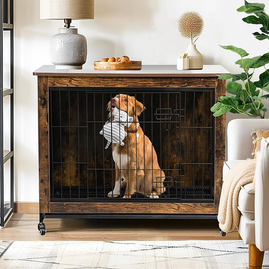 NicBex Dog Crate Furniture, 38.3" L Dog Crates for Large Dogs, Large Dog Crate with Double Doors, Wooden Dog Kennel Indoor Flip-Top for Large Dog House Pet Crate, Rustic Brown