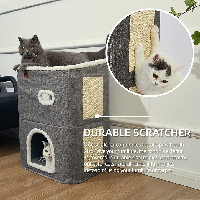 CATBOAT 2-Storey Cat House for Indoor Cats Bed, Covered Cat Cave Beds & Furniture with Scratch Pad and Hideaway Cave, Cute Modern Cat Condo for Multi Small Pet Large kitten kitty, Grey