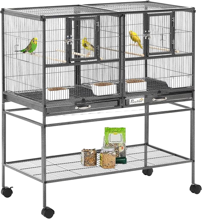 PawHut Divided Breeder Bird Cage with Rolling Stand Removable Metal Tray, Storage Shelf, Wood Perch, and Food Container