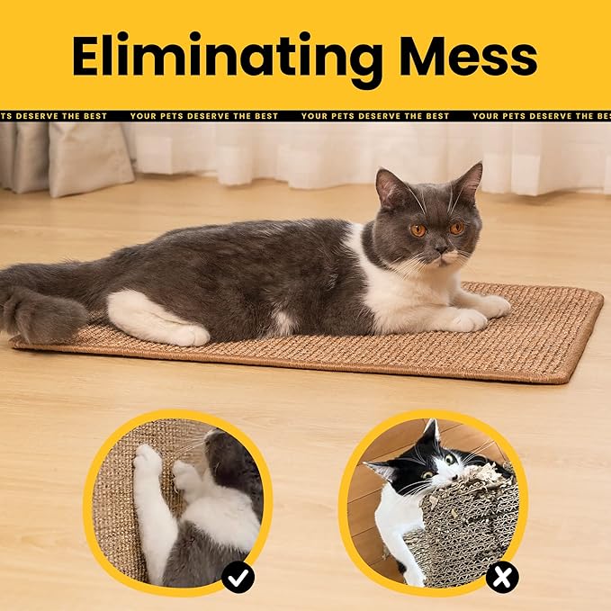 Cat Scratcher Mat,Natural Sisal Cat Scratch Pad with Sticky Velcro Tapes,Horizontal Floor Cat Scratching Pads Rug for Indoor Cats,Cat Furniture Protector for Couch&Carpets&Sofas(L,31.5"X23.6")