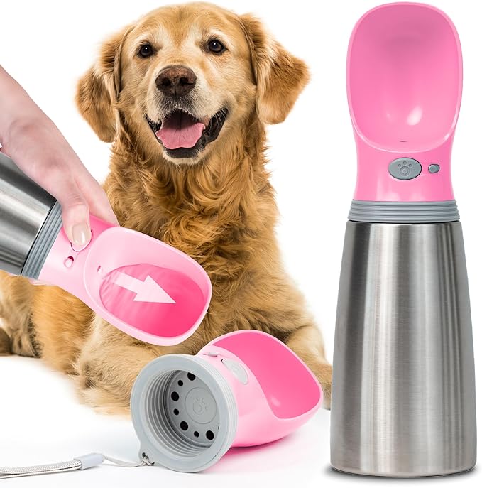 MalsiPree Stainless Steel Dog Water Bottle, Leak Proof Portable Puppy Water Dispenser with Drinking Feeder for Pets Outdoor Walking, Hiking, Travel (24OZ, Pink)