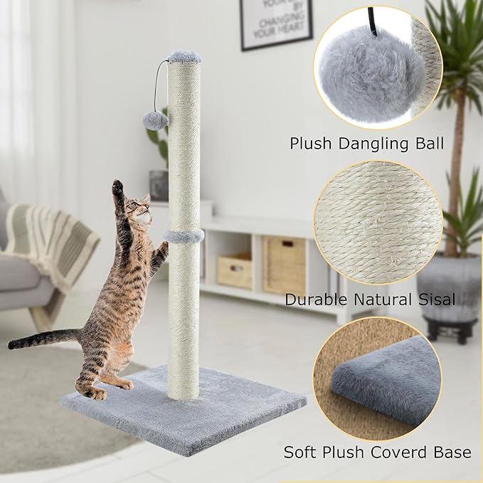 34“ Tall Cat Scratching Post Large Vertical Scratcher for Indoor Cats and Kittens, Sturdy Cat Scratch Pole with Sisal Rope and Hanging Interactive Ball, Big Heavy Base Covered with Soft Plush (Grey)