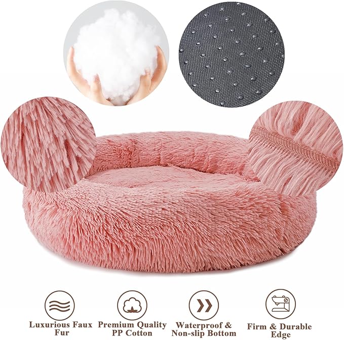 Aurako Cat Bed Dog Bed Round Cushion Pet Bed Mat Ultra Soft Plush Donut Sofa Comfortable Pillow Machine Washable Pet Cuddle Beds for Kitten Small Medium Large Dogs Cats 16" Rose Red