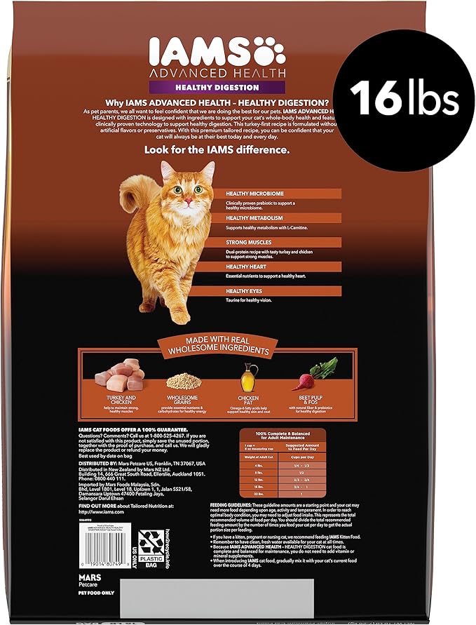 IAMS Advanced Health Healthy Digestion Turkey and Chicken Recipe Adult Dry Cat Food, 16 lb. Bag