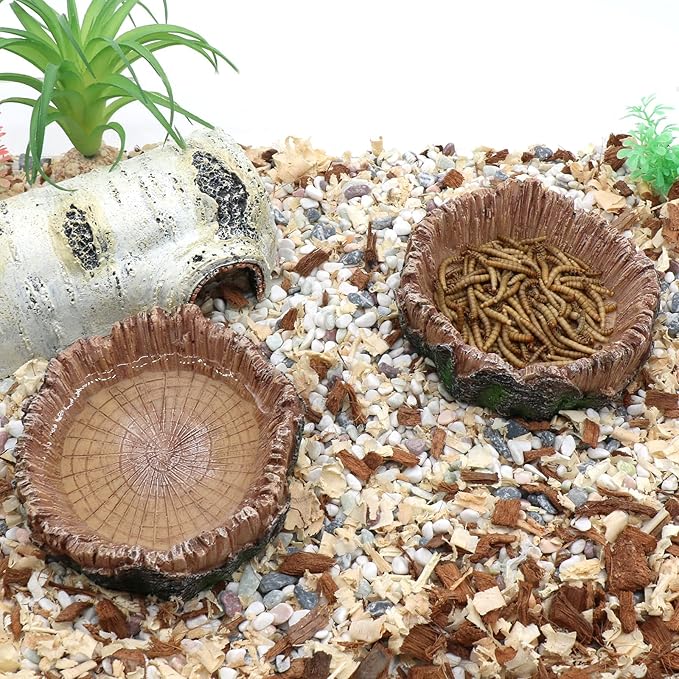 Reptile Water Dish Food Bowls, 2 Pcs Artificial Tree Trunk Reptile Tank Decor Bowl for Leopard Gecko Lizard Spider Scorpion Hermit Crabs