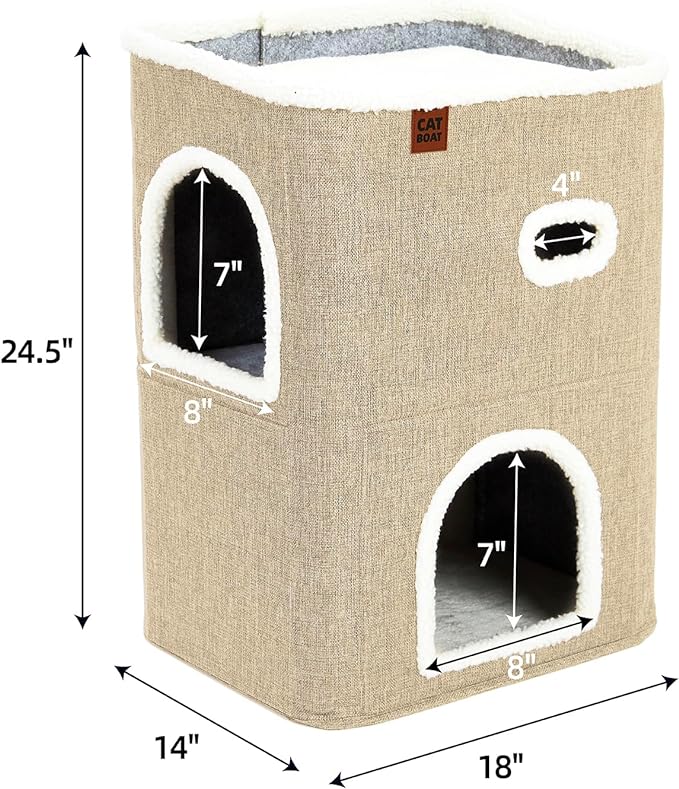 CATBOAT 2-Storey Cat House for Indoor Cats Bed, Covered Cat Beds & Furniture with Scratch Pad and Hideaway Cave, Cute Modern Cat Condo for Multi Small Pet Large Kitten Kitty, Brown