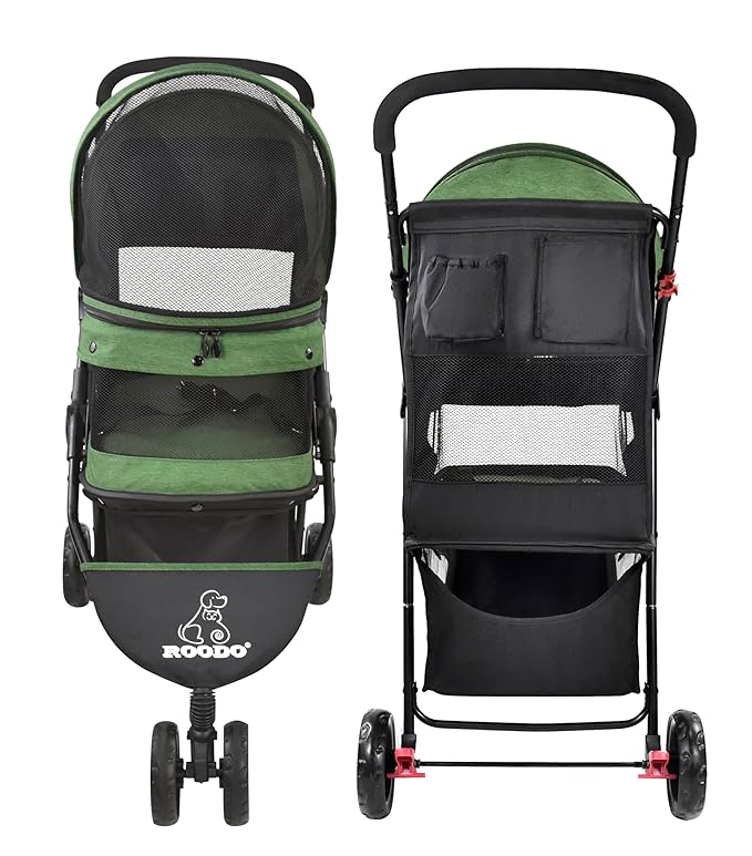 ROODO Dog Stroller 3Wheel Pet Stroller Cat Stroller Lightweight Foldable Portable Compact Jogger Pet Gear Puppy Travel Pet Stroller Suitable for 30lbs Small Dogs and Cats(Green)