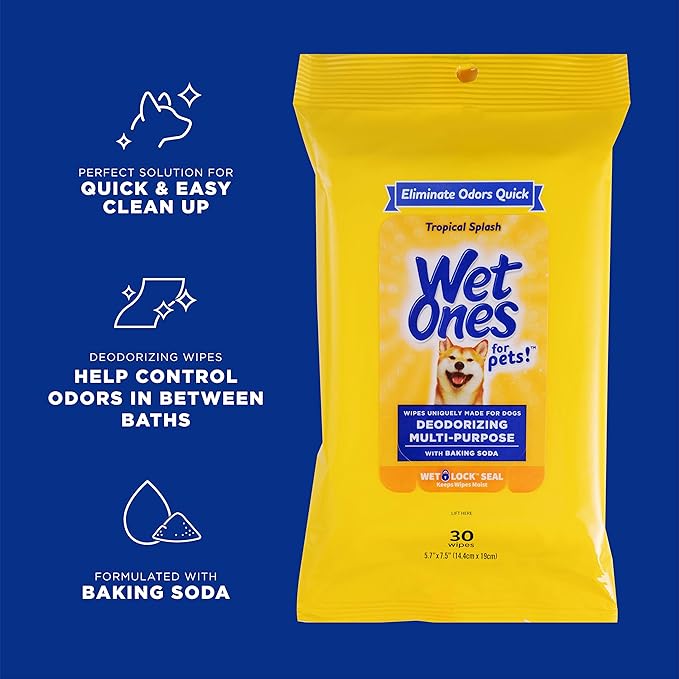 Wet Ones for Pets Deodorizing Multi-Purpose Dog Wipes with Baking Soda, 30 ct - 8 Pack | Dog Deodorizing Wipes for All Dogs in Tropical Splash Scent, Wet Ones Wipes with Wet Lock Seal (FF12847PCS8)