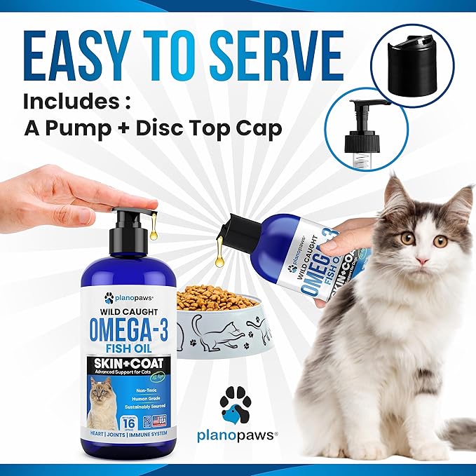 Omega 3 Fish Oil for Cats - Better Than Salmon Oil for Cats - Kitten + Cat Vitamins and Supplements - Cat Health Supplies - Cat Dandruff Treatment - Liquid Fish Oil for Pets - Cat Shedding Products